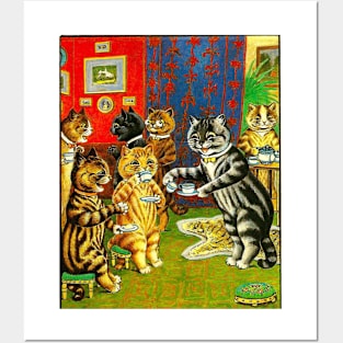 Cat Tea Party: A Louis Wain abstract psychedelic Art Print Posters and Art